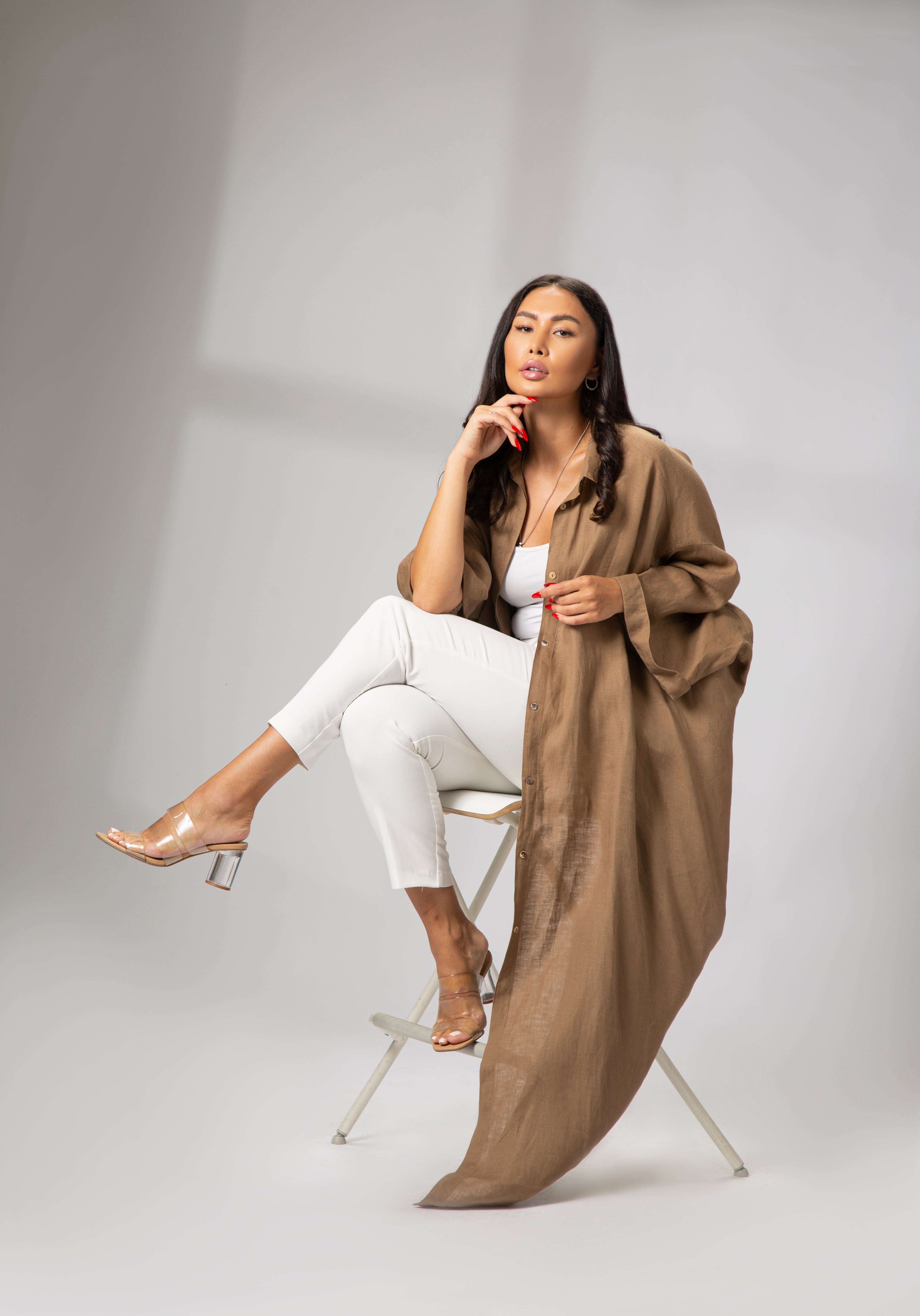 long sleeve linen kaftan camel brown front view