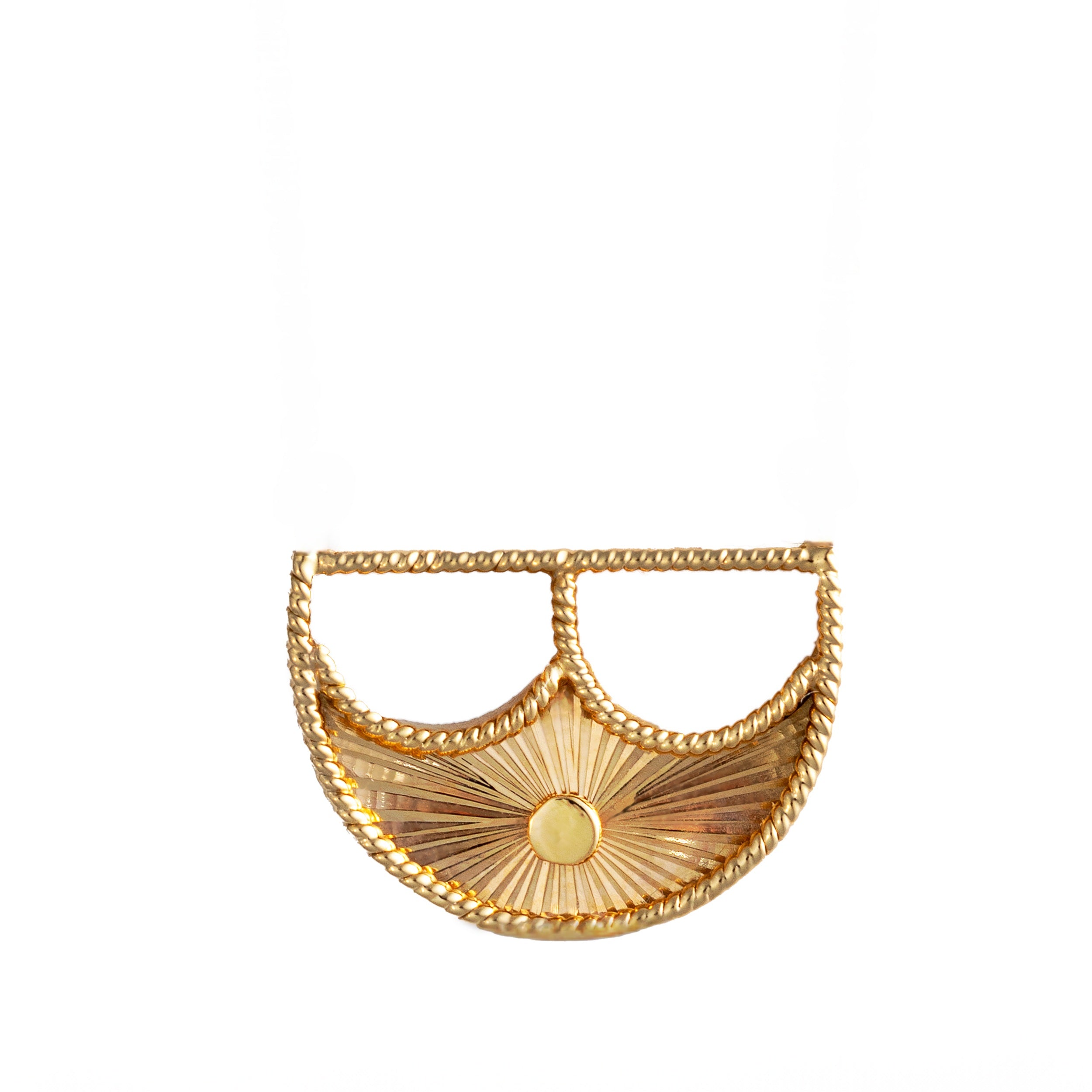 isolated image of The Batoulah Brooch on a white background, featuring its distinctive crescent shape in gleaming 18K solid gold KSA UAE Qatar