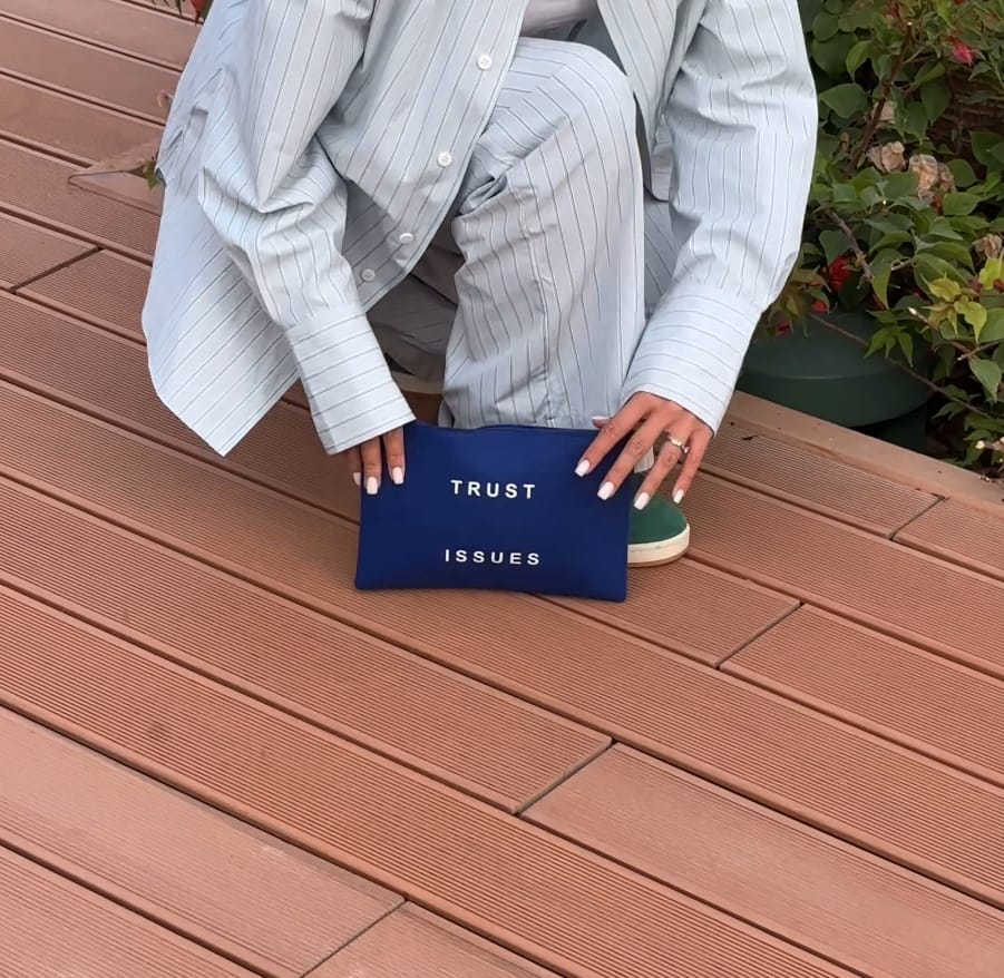 Blue Pouch with “Trust Issues” Print