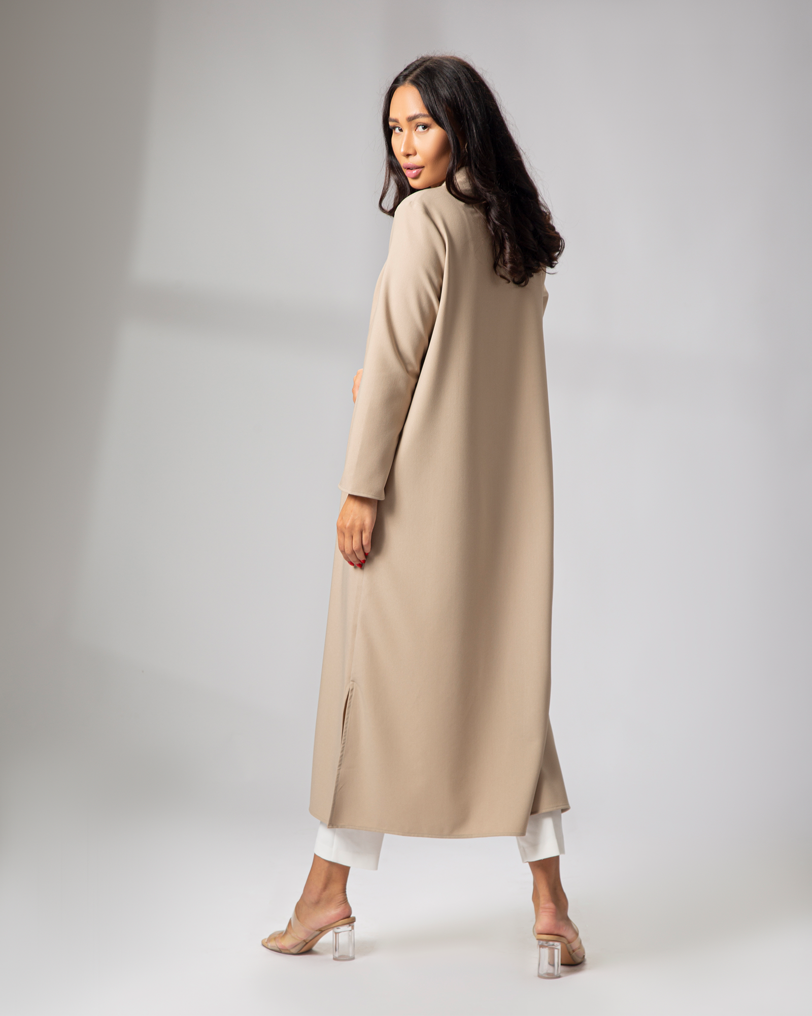 Full-length view of nude long-sleeve kimono for women, styled open with white innerwear uae ksa qatar