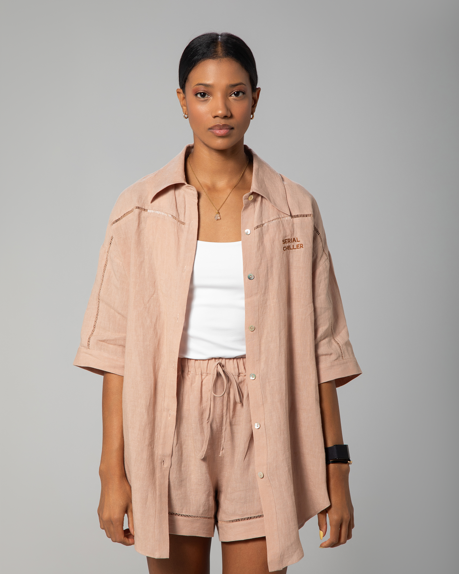 Nude linen co-ord for women by Omni The Label, featuring soft fabric, relaxed silhouette, and everyday versatility UAE KSA Qatar