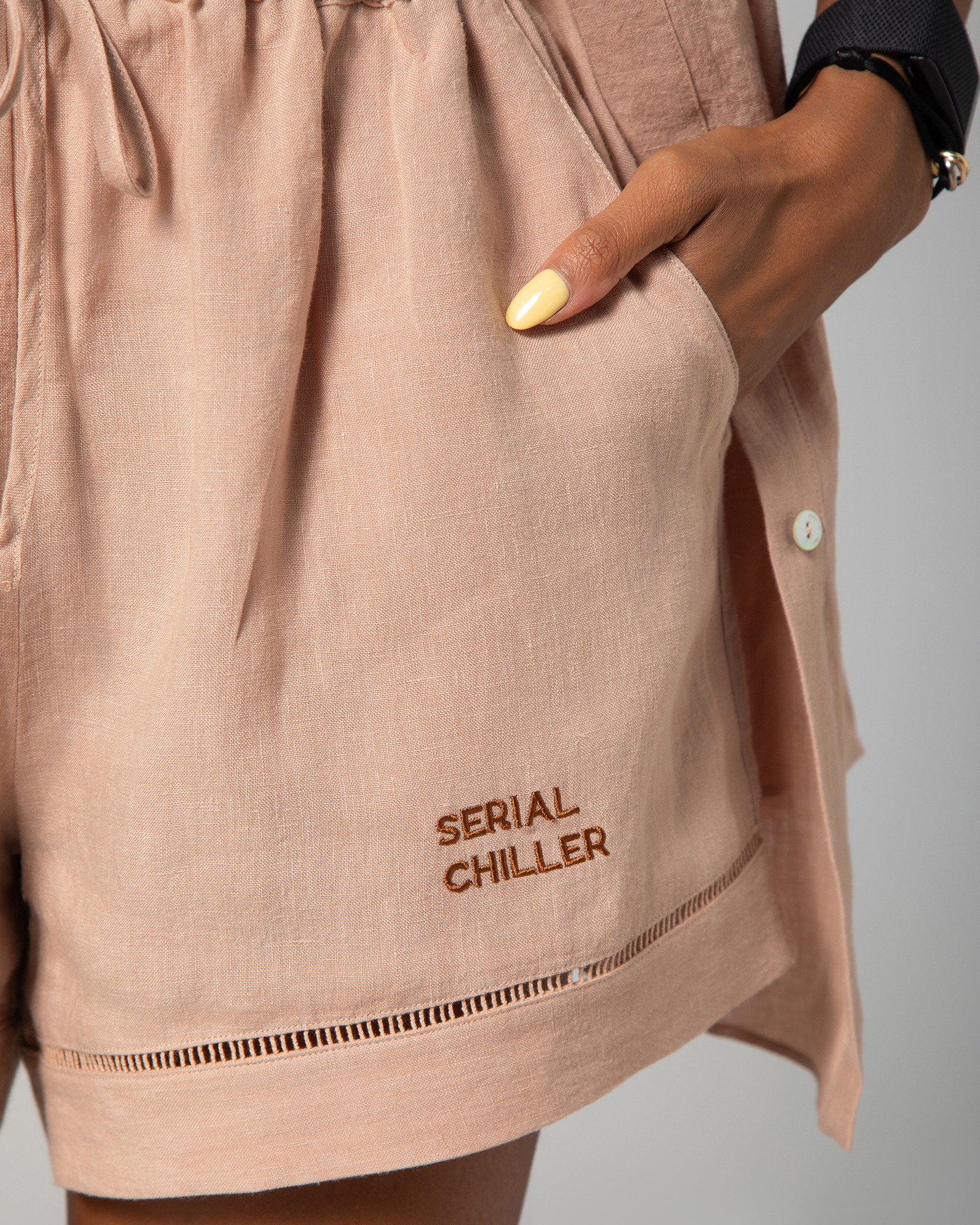 Detail shot of nude linen fabric texture from Omni The Label’s signature two-piece set UAE KSA Qatar