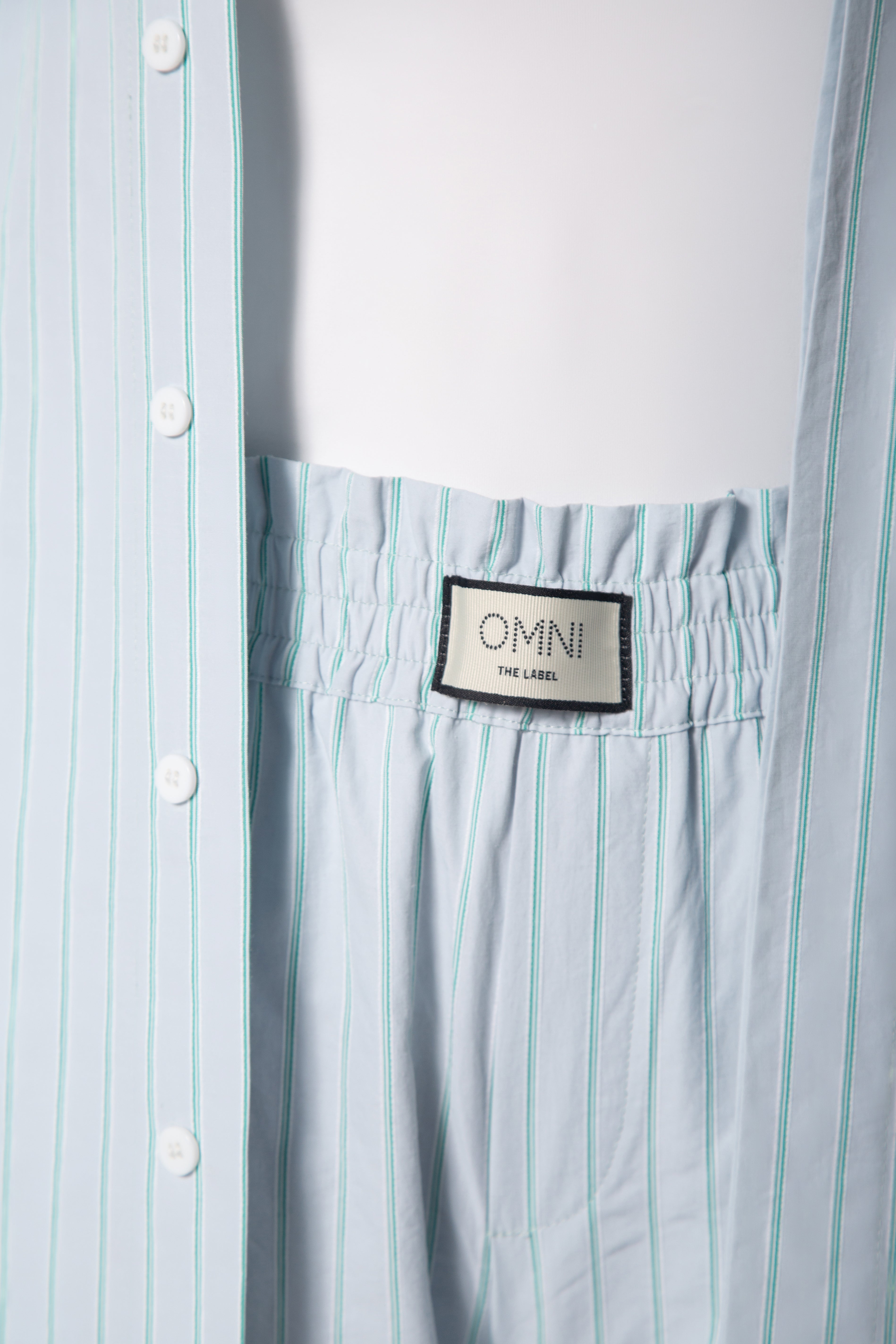 lounge 2 pajama
piece set in light blue striped cotton poplin by omni the label, uae ksa qatar