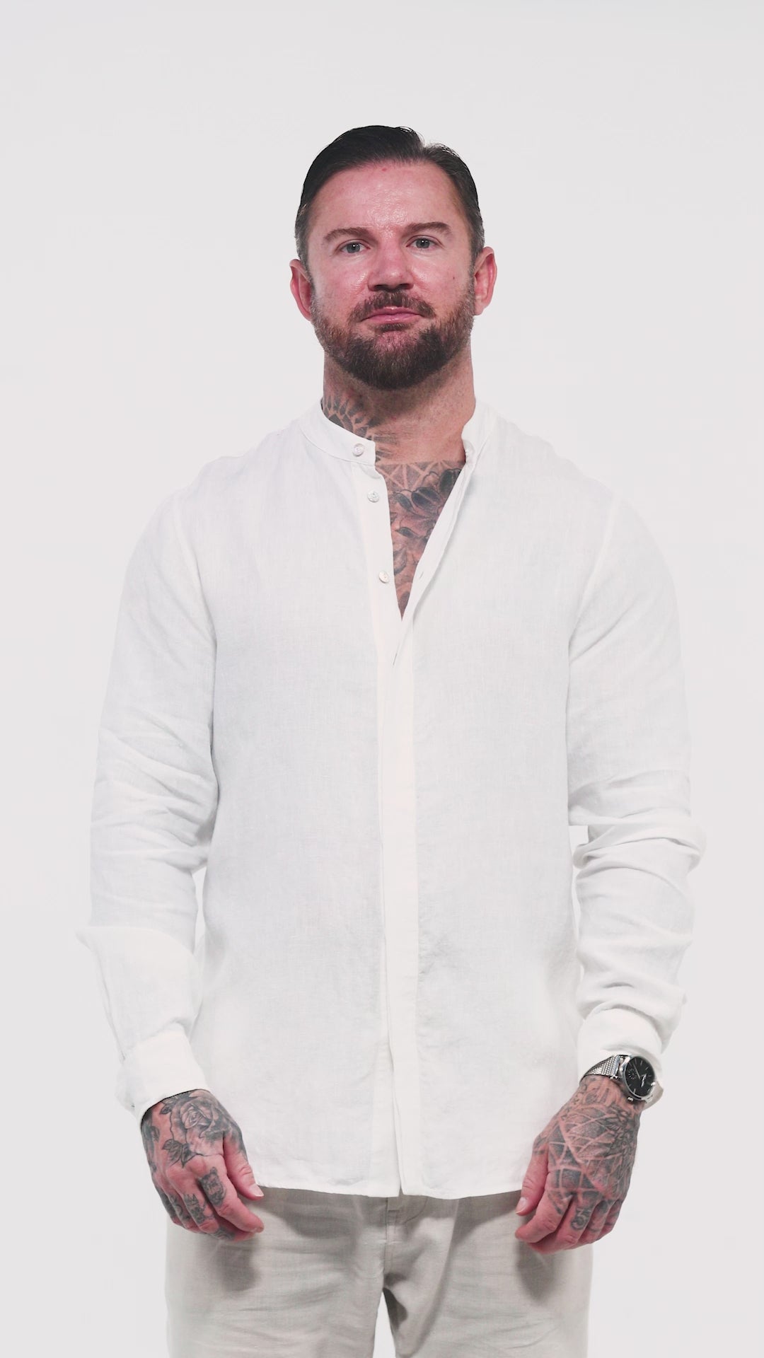 Video preview showcasing fit and movement of the white St. Tropez Linen Shirt by Omni The Label – UAE, KSA, Qatar