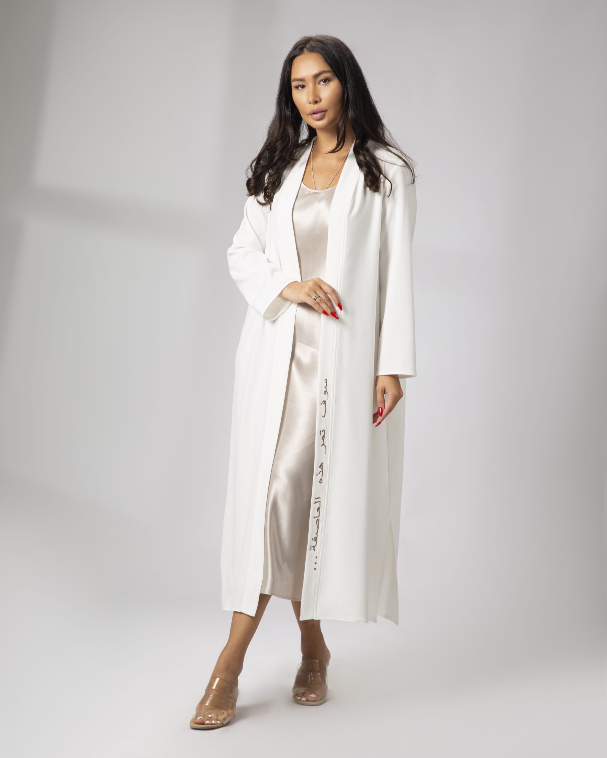 White long sleeve kimono with Arabic embroidery by Omni The Label full front view Qatar UAE KSA
