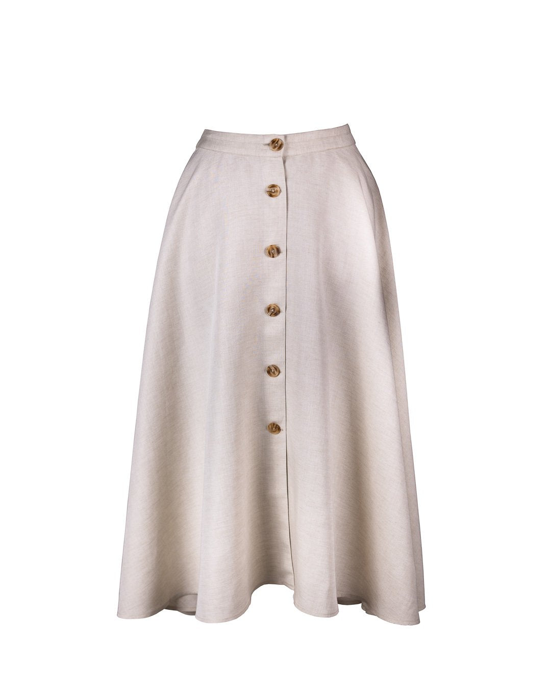 Button details and branded Omni The Label tag on linen blend skirt in beige.UAE KSA Qatar