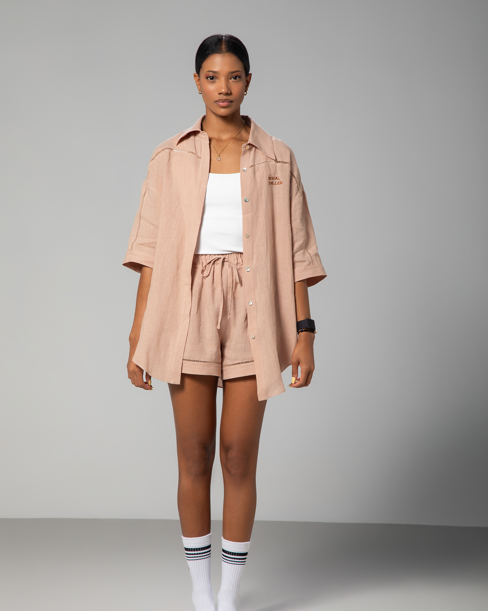 The Serial Chiller linen set in Nude