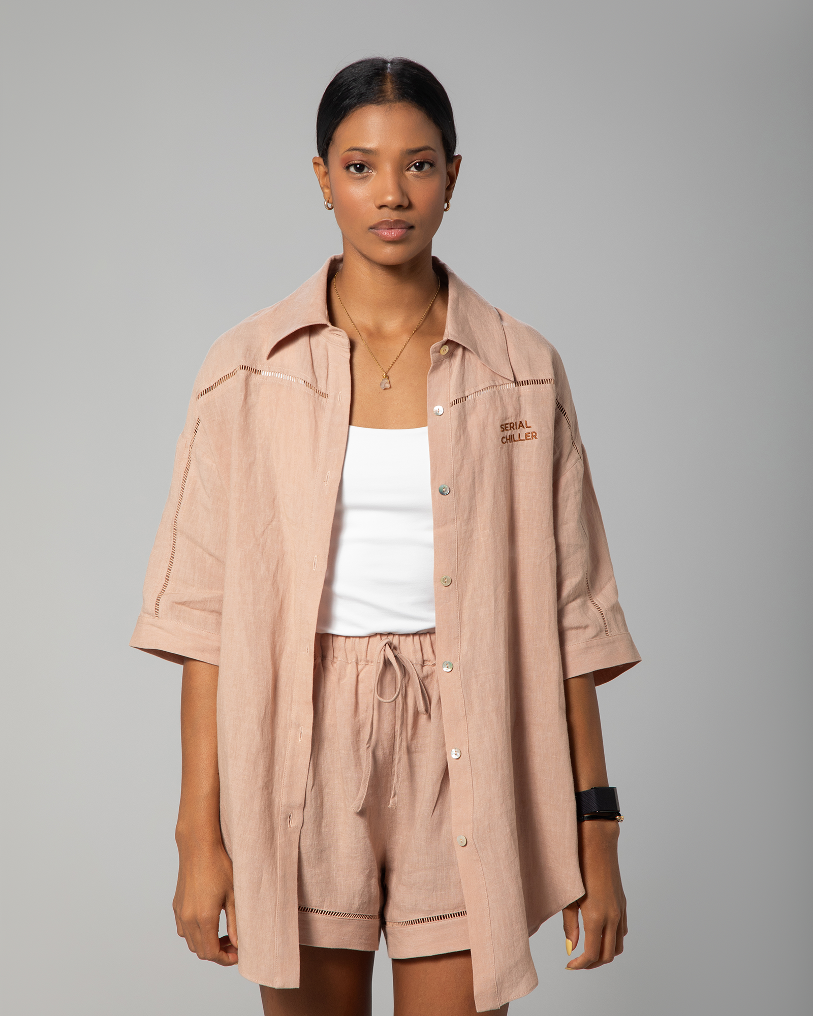 The Serial Chiller linen set in Nude