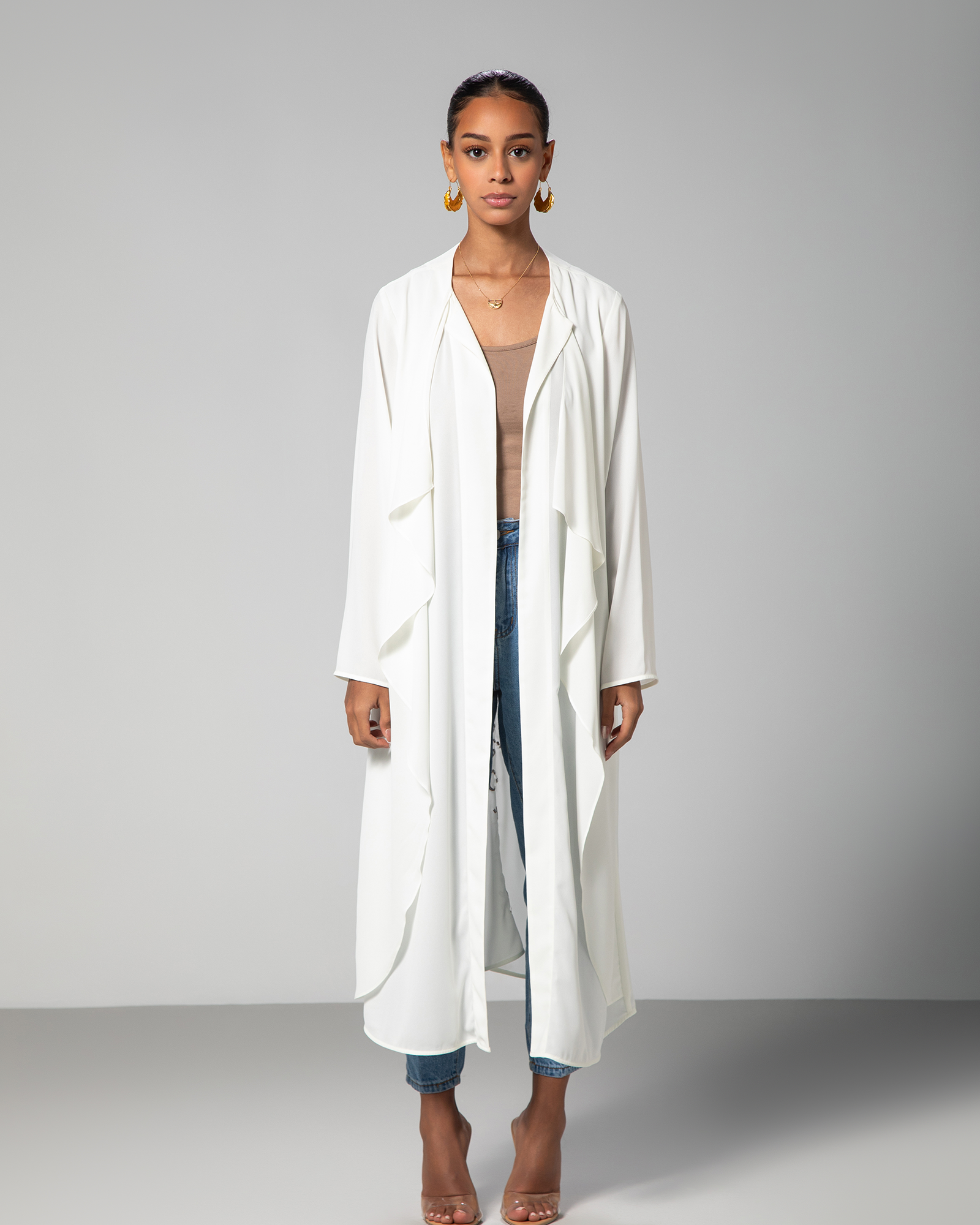 Front view of The 4pm Cover Up in White, open-front kimono-style design Omni The Label Qatar KSA UAE