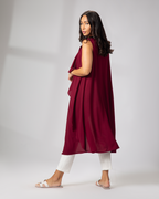 Side view of burgundy cover up from Omni The Label elegant layering piece Qatar UAE KSA