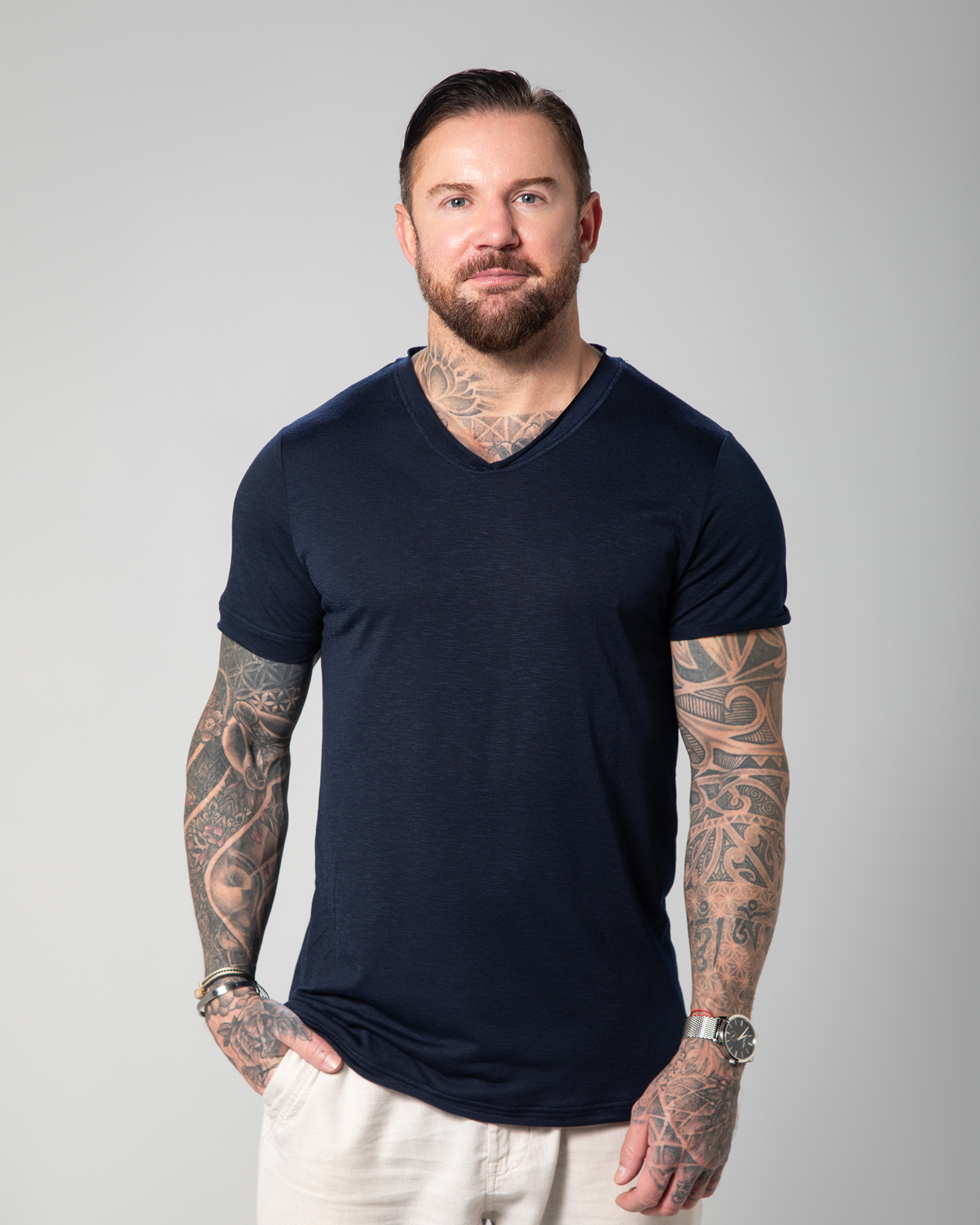 Front-facing view of the Marbella men’s T-shirt in blue, featuring a V-neck cut, relaxed fit, and lightweight fabric ideal for everyday wear UAE KSA Qatar