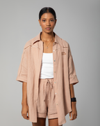 Nude linen co-ord for women by Omni The Label, featuring soft fabric, relaxed silhouette, and everyday versatility UAE KSA Qatar