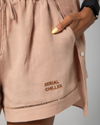 Detail shot of nude linen fabric texture  from Omni The Label’s signature two-piece set UAE KSA Qatar
