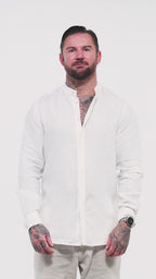 Video preview showcasing fit and movement of the white St. Tropez Linen Shirt by Omni The Label – UAE, KSA, Qatar
