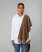 Model wearing brown cashmere-feel scarf over a white shirt, styled casually – UAE, KSA, Qatar