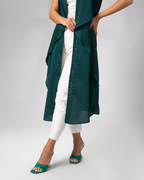 Green kimono-style cover-up shown mid-step, highlighting length and cut – UAE, KSA, Qatar
